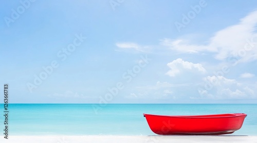 Vibrant red boat on serene tropical beach with azure ocean and clear blue sky