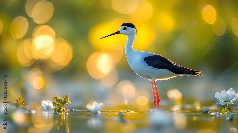 Captivating Macro Photograph of a Black-Winged Stilt in a Serene, Blurred Natural Landscape Captivating Macro Photograph of a Black-Winged Stilt in a Serene, Blurred Natural Landscape