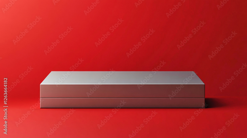 Grey rectangular box mockup with bold design against deep red background Grey rectangular box mockup with bold design against deep red background
