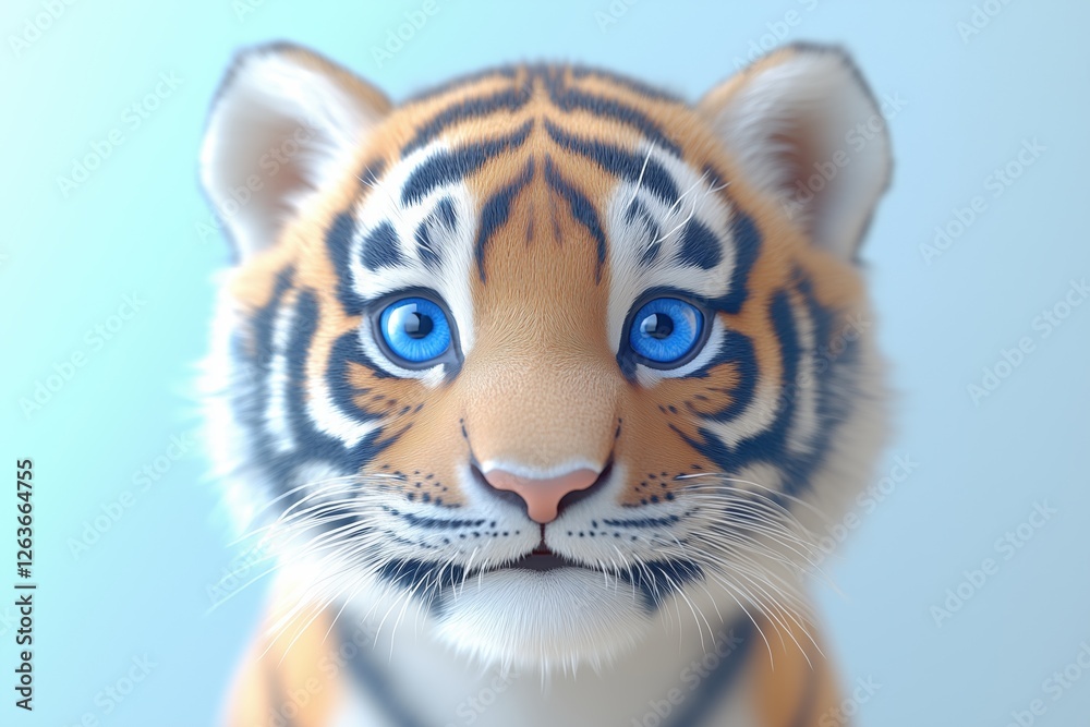 Obraz premium A cute, cartoon-style tiger cub with bright blue eyes and a friendly expression, set against a soft, light blue background.