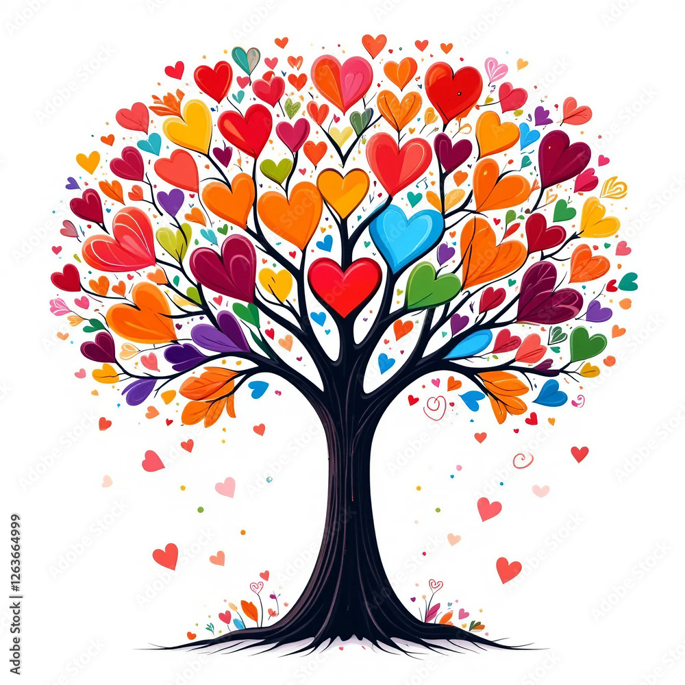Obraz premium Watercolor illustration of love tree. Fantastic drawing of love tree with heart-shaped foliage.