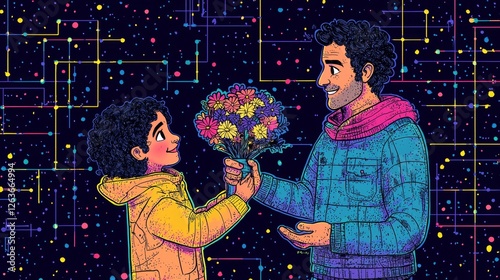 Child Giving Flowers Retro-futuristic illustration with vibrant neon accents.