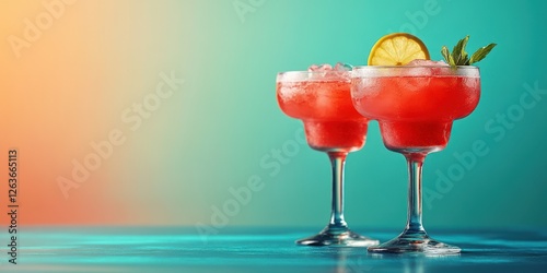 Refreshing cocktails with lime and mint garnishes served in elegant glasses on a colorful background during a summer evening gathering