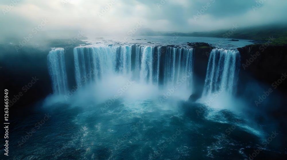 A waterfall is shown in the distance with mist in the air A waterfall is shown in the distance with mist in the air