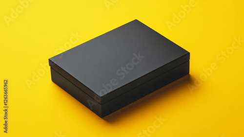 Stylish matte black box on vibrant yellow backdrop highlighting modern design