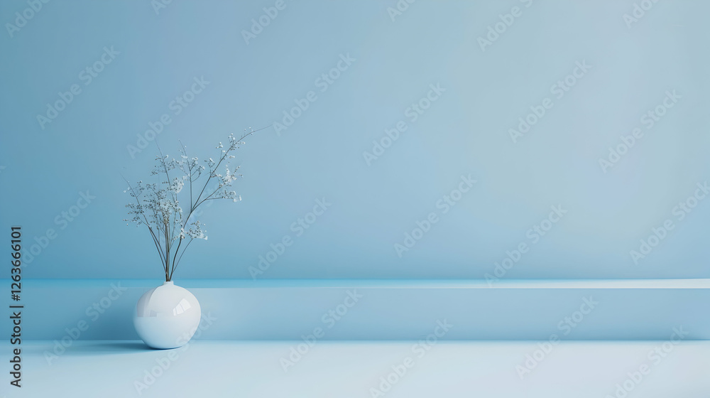 Obraz premium Minimalistic vase with delicate flowers against a serene blue background in a modern interior
