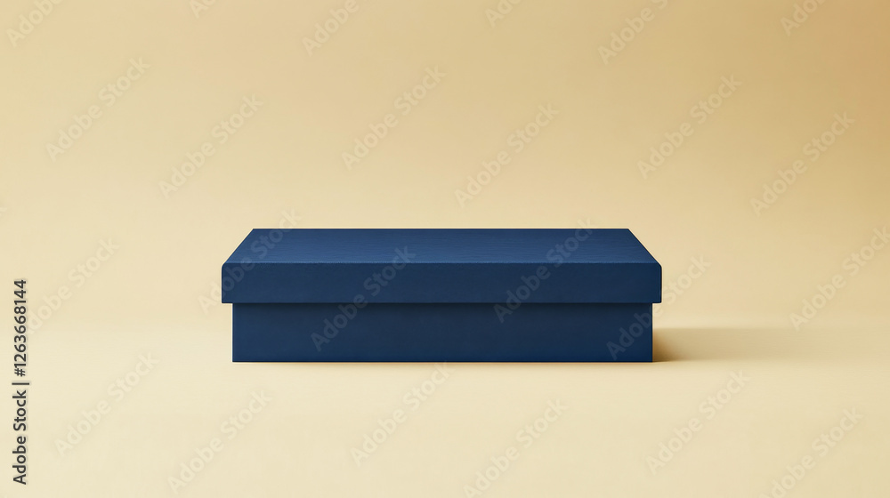Elegant rectangular packaging box mockup in deep blue against a beige backdrop Elegant rectangular packaging box mockup in deep blue against a beige backdrop