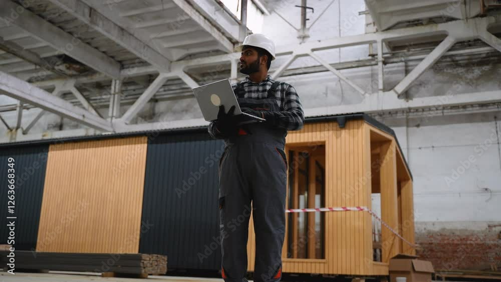 Indian engineer analyzing prefab home construction data