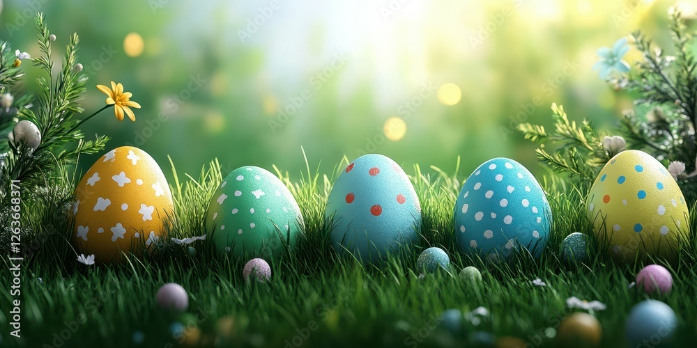 Colorful Easter eggs arranged in a vibrant garden setting during the spring season Colorful Easter eggs arranged in a vibrant garden setting during the spring season