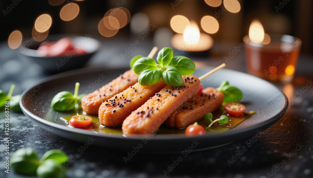 Elegant fried mozzarella sticks with tomato compote on black plate, gourmet presentation Elegant fried mozzarella sticks with tomato compote on black plate, gourmet presentation