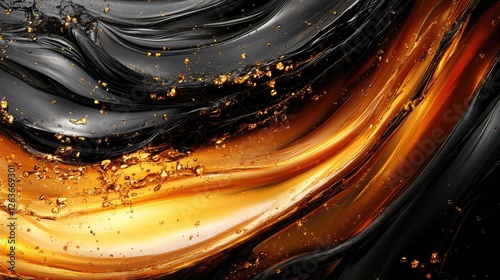 Abstract liquid flow, golden and black, dynamic movement, artistic background. Possible use Wallpaper design, digital art print, abstract cover photo