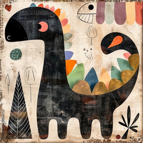 A dinosaur with colorful shapes as spots, lopsided smile, silly childlike crayon texture 
