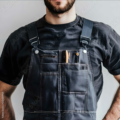 close up view of a man standing in working overalls and looking at the camera