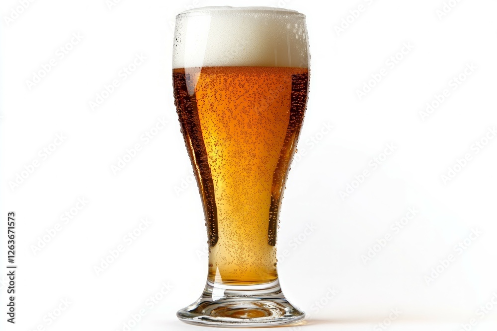 Tall beer glass with foamy head on white background. Neural network AI generated Tall beer glass with foamy head on white background. Neural network AI generated