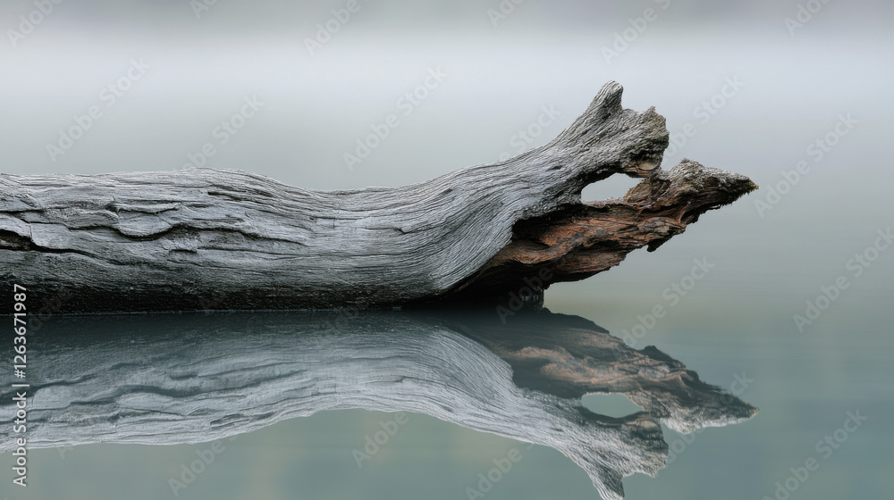 Fototapeta premium A close-up of a weathered tree trunk emerging from a still lake, its textured bark rich with details