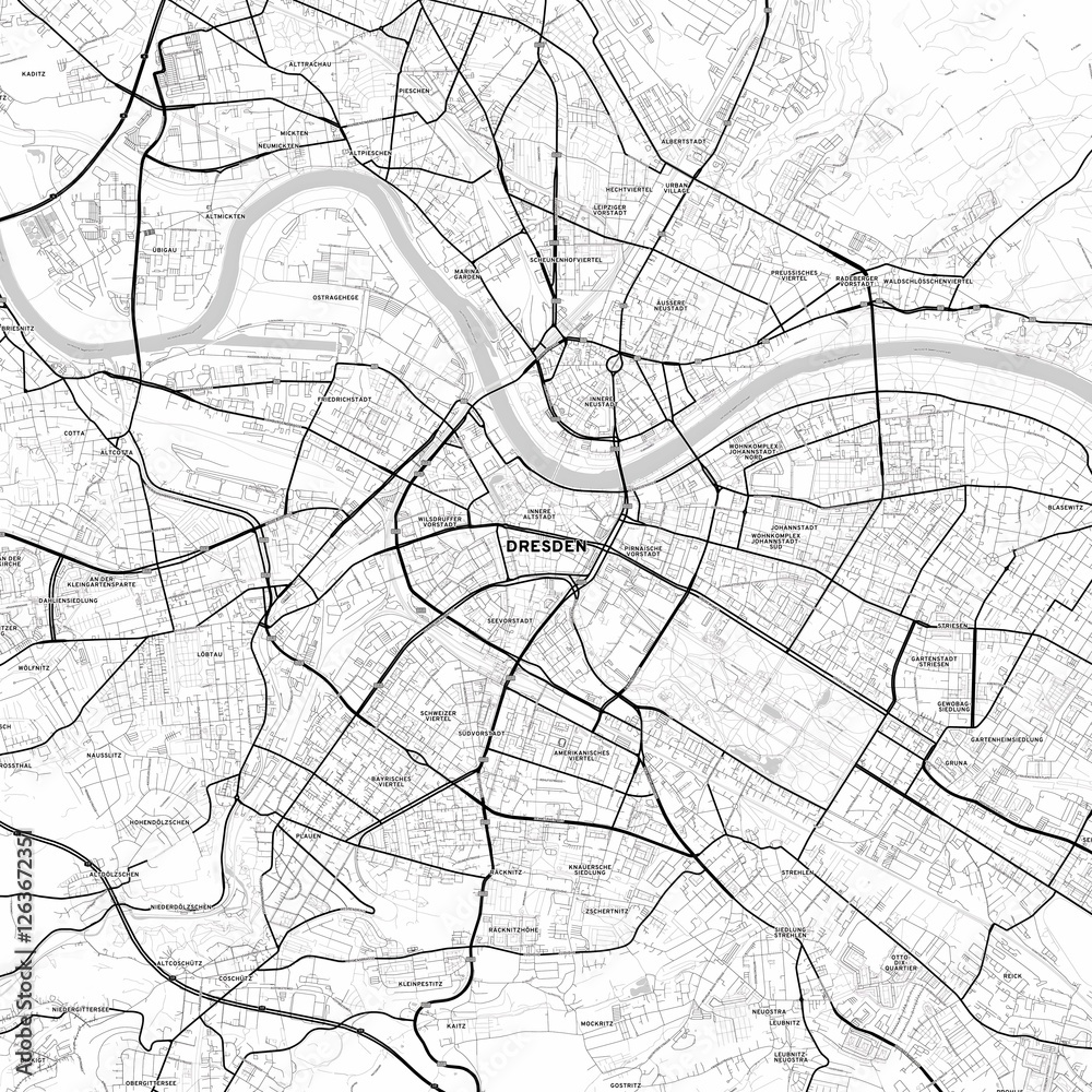 Naklejka premium Minimal black and white map of Dresden with street names