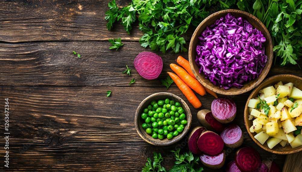 Beet salad. beetroot salad (vinegrette) with beetroot, potato, carrot, peas, cabbage and parsley over rustic wooden table Beet salad. beetroot salad (vinegrette) with beetroot, potato, carrot, peas, cabbage and parsley over rustic wooden table