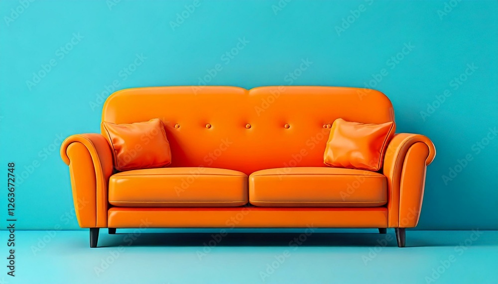 a bright orange couch set against a vibrant blue wall, creating a bold and stylish contrast. This image is perfect for modern interior design blogs or magazines.