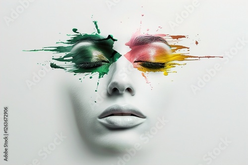 A serene female face with vibrant paint splashes in green, pink, and yellow, blending artistry with emotion and beauty. Explosive Color Portrait, Vibrant Artistic Vision photo