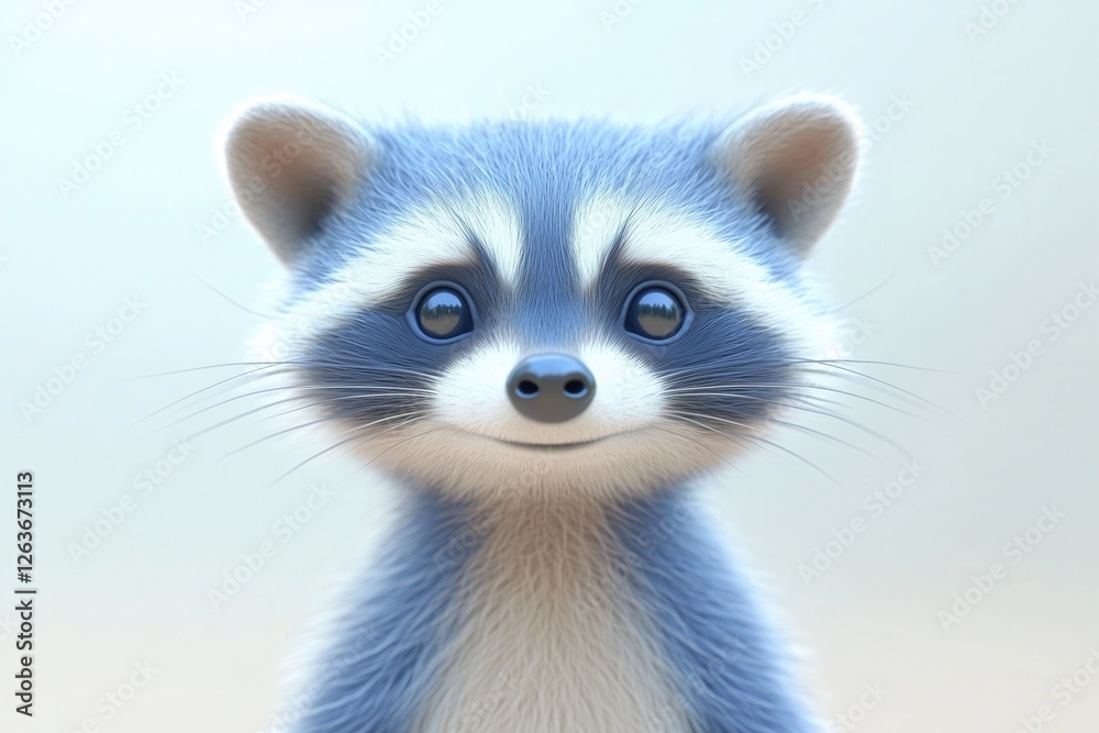 A cute, cartoonish raccoon character with a blue and white fur pattern, large expressive eyes, and a friendly smile, set against a soft, blurred background.