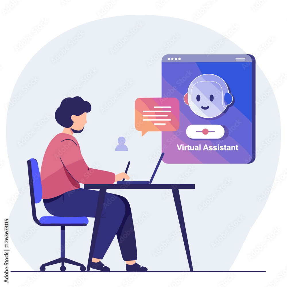 Person using Virtual Assistant in laptop. Minimalist flat design illustration Person using Virtual Assistant in laptop. Minimalist flat design illustration