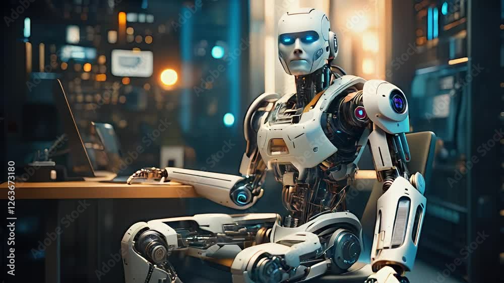 a humanoid robot sits in front of a computer, its artificial intelligence engaged in a task. The robot's sleek design and glowing eyes create a futuristic and intriguing atmosphere a humanoid robot sits in front of a computer, its artificial intelligence engaged in a task. The robot's sleek design and glowing eyes create a futuristic and intriguing atmosphere