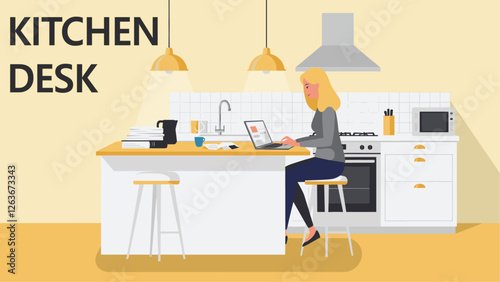 Kitchen office concept with woman working over her kitchen counter at home. Minimalist flat design