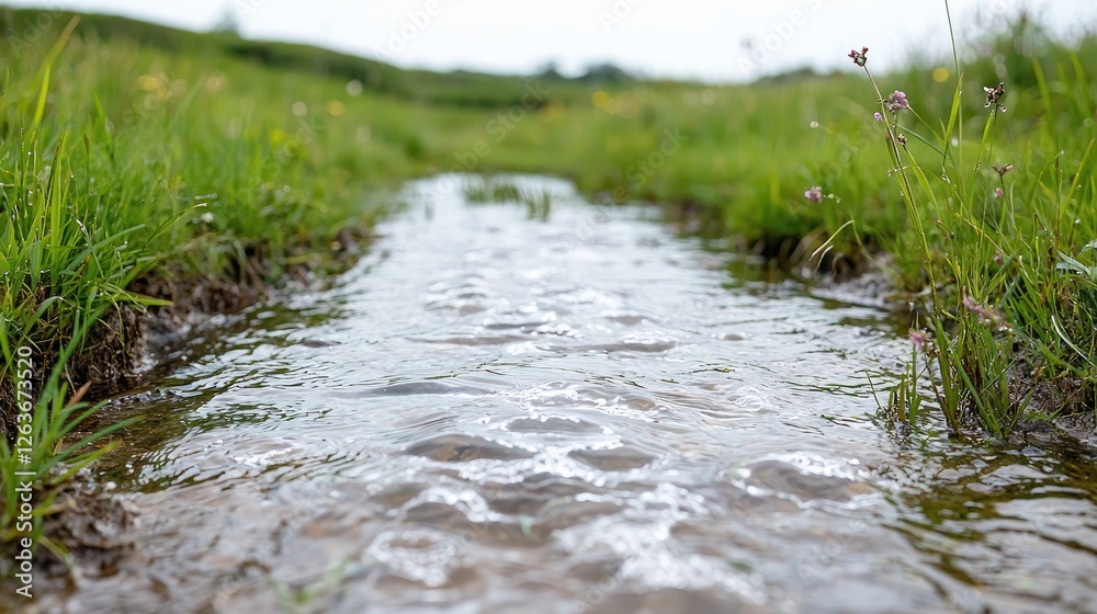 Fototapeta premium Small water stream flowing through a green grassy meadow on an overcast day.
