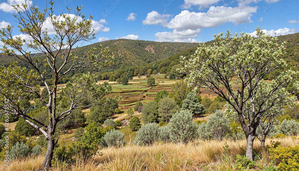 Lush green landscape with terraced fields and trees, natural beauty Lush green landscape with terraced fields and trees, natural beauty