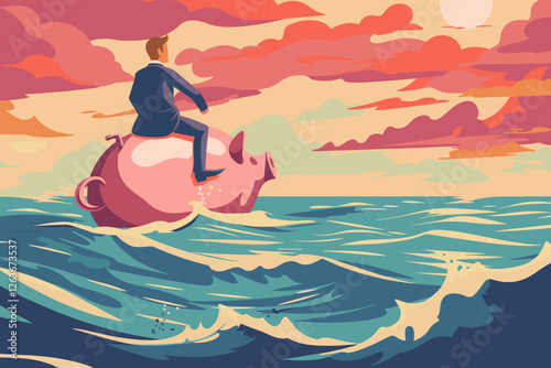 Businessman Riding Piggy Bank Over Ocean of Economic Crisis