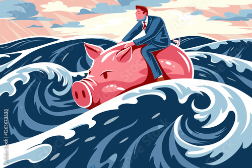 Businessman Riding Piggy Bank Over Ocean of Economic Crisis