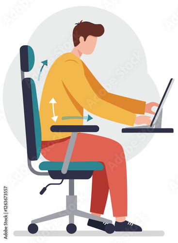 Minimalist vector design of man using laptop at desk with ergonomic chair