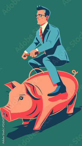 Businessman Riding Piggy Bank Over Ocean of Economic Crisis