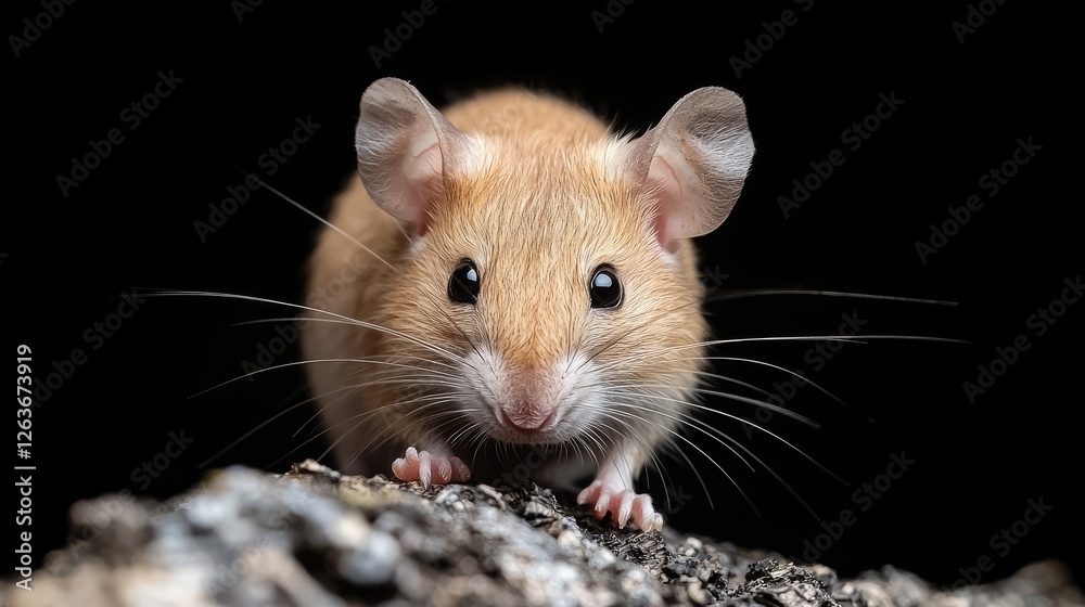 Cute orange mouse on wood, black background, wildlife pet Cute orange mouse on wood, black background, wildlife pet