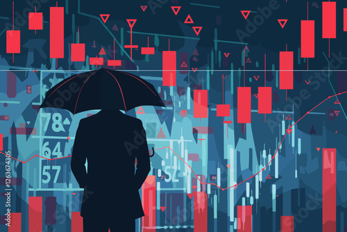 Businessman Shielding Stock Market from Economic Downturn with Umbrella