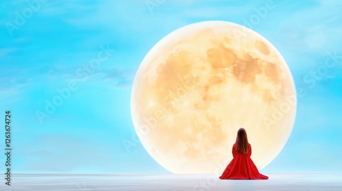 Woman in red dress gazing at giant moon, serene sky