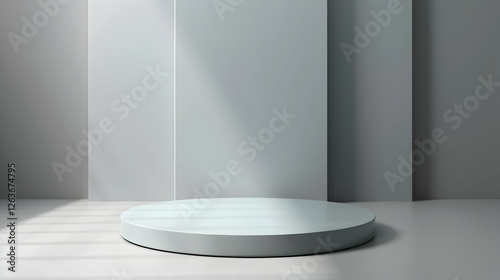 Minimalist studio setting featuring a circular platform with soft lighting and shadow play