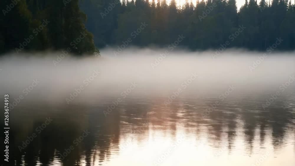A tranquil morning fog rolls over a quiet lake, with the camera slowly gliding across the water, catching the reflections of trees as the first rays of sunlight pierce the mist.