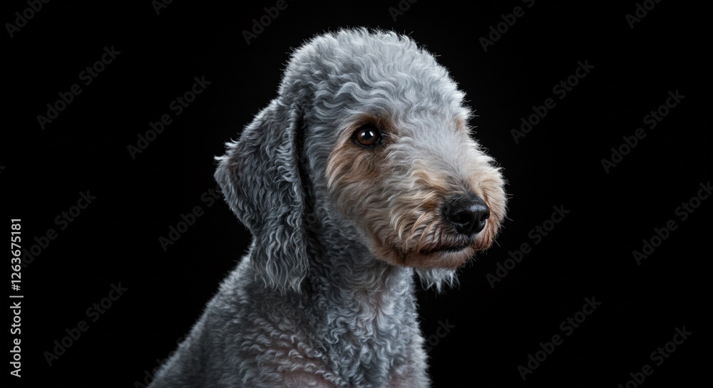 Adorable grey bedlington terrier dog profile portrait with soft fur on black background Adorable grey bedlington terrier dog profile portrait with soft fur on black background