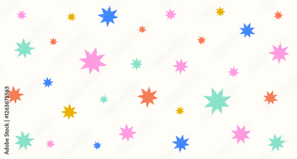 Pastel colored pattern in charcoal or crayon drawing style. Colorful stars with ripped edges on white background. Vector illustration
