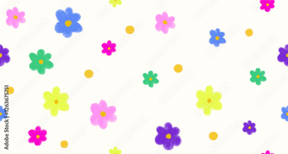 Childish crayon drawing style. Vector floral seamless pattern. Bright colorful chalk painted flowers on white background. Childish crayon drawing style. Vector floral seamless pattern. Bright colorful chalk painted flowers on white background.