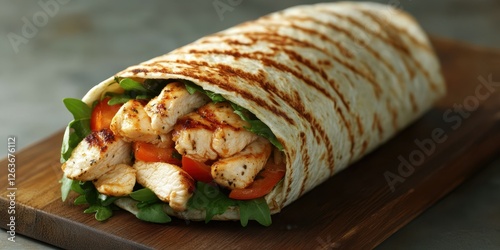 Grilled chicken wrap filled with fresh vegetables served on a wooden board