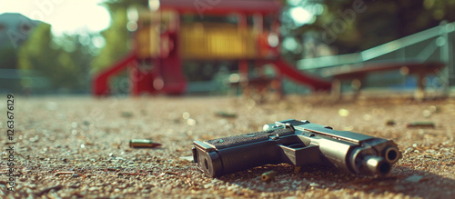low angled shot of gun and ammo on the floor of a school playground, school shooting, active shooter concept