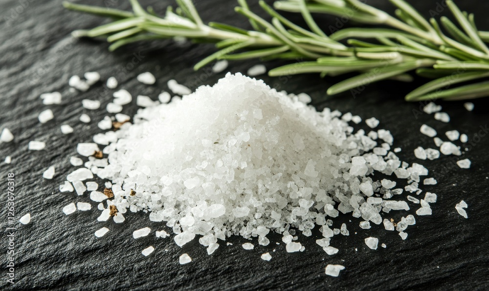 Rosemary with a hint of sea salt, styled in a vintage manner, set against a black stone backdrop. Rosemary with a hint of sea salt, styled in a vintage manner, set against a black stone backdrop.