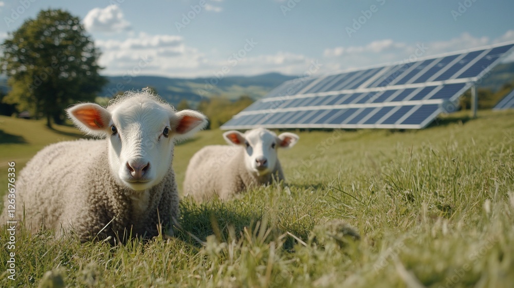 Fototapeta premium Lambs graze near solar panels, hills