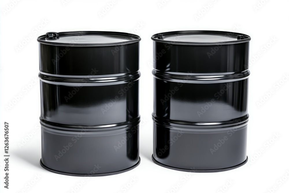 Two black oil drums on solid white background. Neural network AI generated Two black oil drums on solid white background. Neural network AI generated