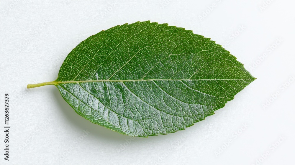 Obraz premium Single green leaf on white background; botany study