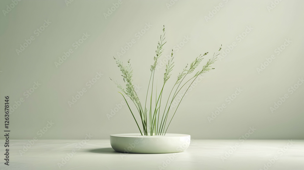 Minimalistic arrangement of green grass in a white bowl on a clean surface with soft lighting Minimalistic arrangement of green grass in a white bowl on a clean surface with soft lighting