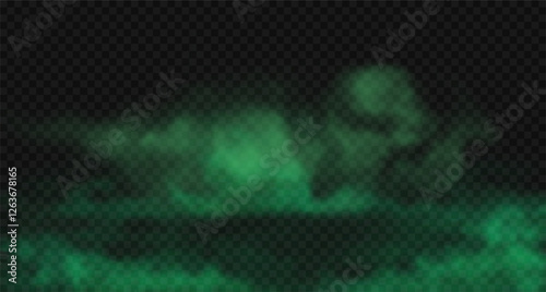 Vector realistic stinky, toxic, bad smelling steam cloud on the ground. Green poison, chemical stench vapour, haze or smoke isolated on black transparent backdrop
