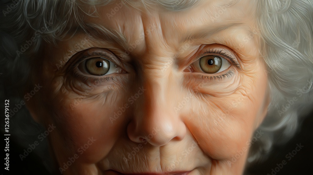 Close-up of an elderly woman's face with expressive eyes and soft features Close-up of an elderly woman's face with expressive eyes and soft features
